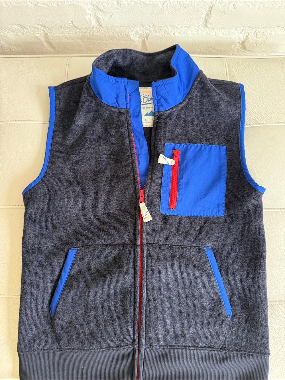 J. Crew Kids Charcoal Fleece Vest with Blue Trim and Red Zip